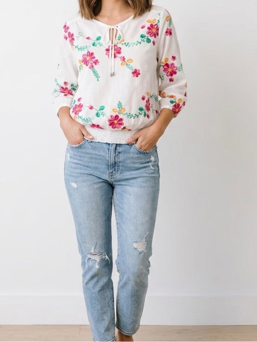 Kindred White Embroidered Floral Peasant Blouse